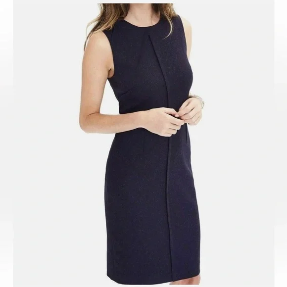 Banana Republic • Pleated Flannel Dress sleeveless sheath navy blue tweed size 2 - Picture 8 of 9